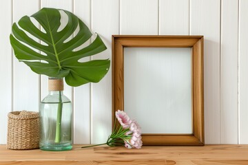 Ultra Hd Visual of Monstera Leaf in Glass Bottle and Photo Frame on Wooden Table