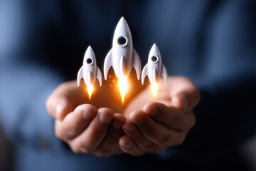 Hands holding three rocket icons startup growth innovation business technology success launch creative futuristic hope