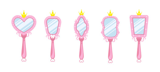 Princess mirror. Set of Cute vintage elements for birthday party decoration. Hand drawn Vector illustration in cartoon style.