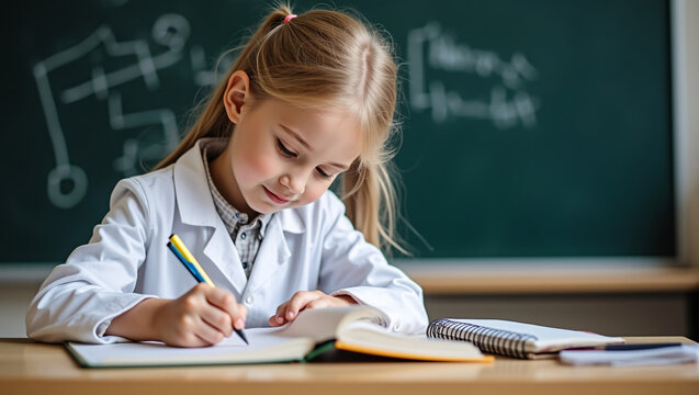 A girl in a lab coat writes in a notebook, with a chalkboard showing formulas in the background.