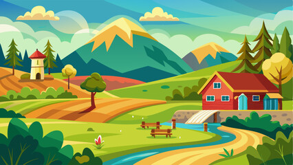 Charming Rural Scene Vector Illustration
