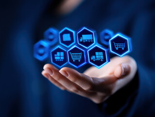 Supply chain blockchain icons hover above executive hand, representing logistics, technology, innovation, and digital transformation in business