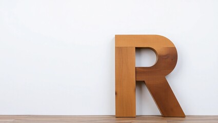 Bold Wooden Letter R Crafted from Light and Dark Oak Planks – Rustic Alphabet Design with Contrasting Wood Grain, Left-Aligned on Blank Wall for Minimalist Typography or Mockup Use