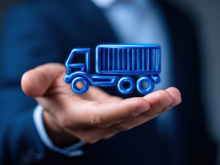 Businessman hand holding blue digital truck icon, supply chain logistics, blockchain technology, innovation, futuristic concept