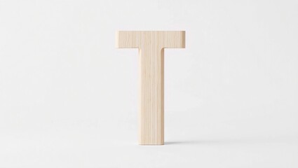 Capital Letter T in Light Plywood with Clean Straight Lines – Modern Wooden Alphabet Design Standing Upright in Minimal Studio Background with Soft Lighting and Ample Copy Space