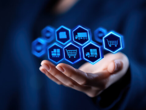 Supply chain blockchain icons hover above executive hand, representing logistics, technology, innovation, and digital transformation in business