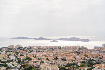 Serene vacation or sightseeing in a coastal city with panoramic view of islands and sea, ideal for...