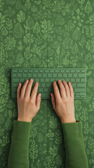 Hands typing on green keyboard, eco business icons, green technology, sustainability, nature, environmental, creative workspace