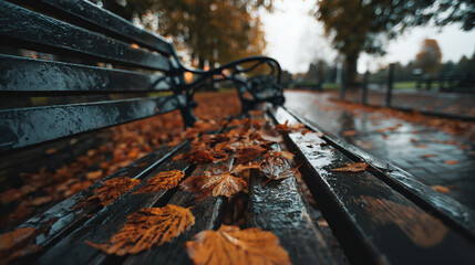A photo of a park bench covered in fallen autumn leaves in an empty city park during late afternoon