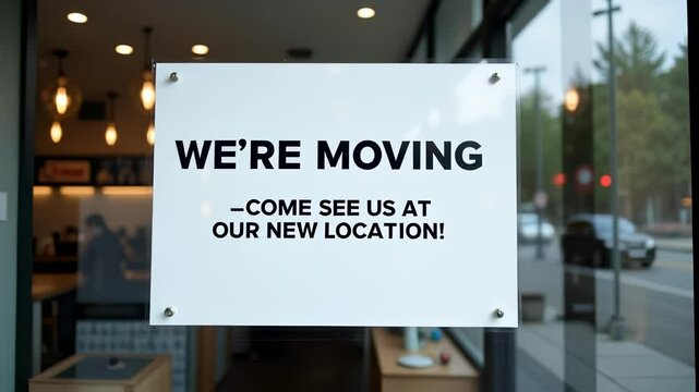 We Are Moving Announcement on Glass Storefront 4k Footage Business Relocation New Location Sign