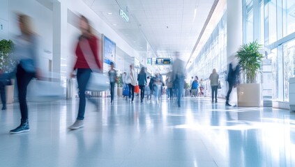 Blurred motion of people walking in a large, bright, modern hallway