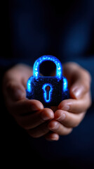 Secure hands holding glowing blue padlock, symbolizing digital protection, privacy, and safe virtual access with futuristic touch