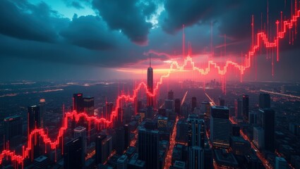 Fototapeta premium A glowing stock market chart with overlays a nighttime city skyline, symbolizing financial and data trends.