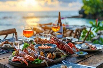 Ultra Quality Image of Seafood Dinner Set on Wooden Table with a Sea View Background