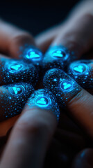 Closeup hands with glowing digital teamwork icons, collaboration, connection, and innovation, futuristic and inspiring mood