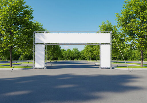 Event Gate Blank Outdoor Advertising Archway or Truss System with Trees, Mockup Tamplate