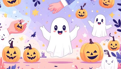 Fototapeta premium Adorable pastel Halloween vector featuring a smiling ghost playfully floating among pumpkins and sparkly stars. Soft flat design perfect for cute seasonal invites, kids decor, or spooky-sweet merch.