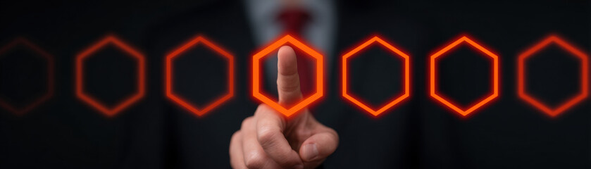 Businessman hand touching glowing hexagon icon, digital interface, innovation, technology, futuristic, decision making