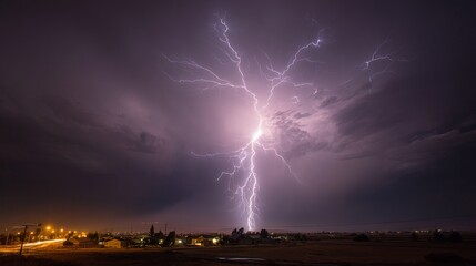 Dramatic lightning bolt striking dark sky during powerful storm