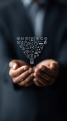 Businessman hands holding virtual marketing funnel icons digital strategy technology innovation success professional modern creative