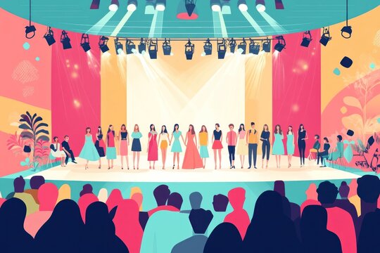 Diverse group of people on stage, spotlights, audience.