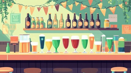 Festive bar interior with beer bottles and glasses.
