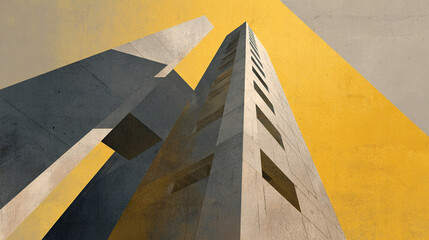 A Brutalist artwork of a concrete skyscraper with geometric shadows