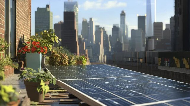 Solar panels on a rooftop in New York with city skyline in the background under clear sky