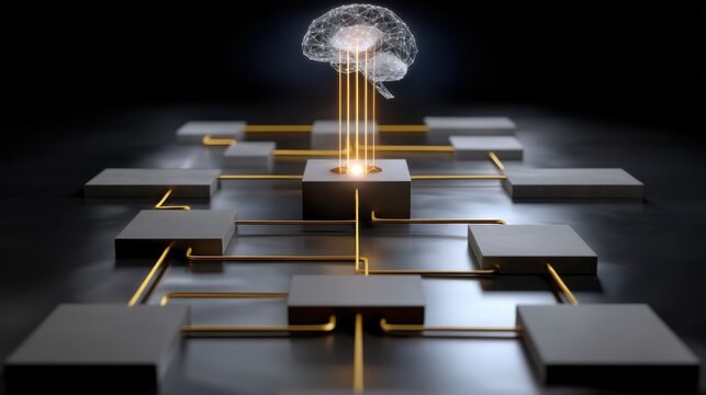 Digital brain with glowing connections on futuristic network blocks