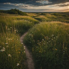 Write about a winding path through tall grass and wildflowers under a heavy summer sky