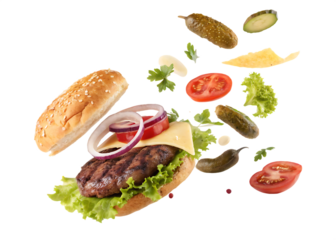 Delicious burger ingredients in mid air explosion