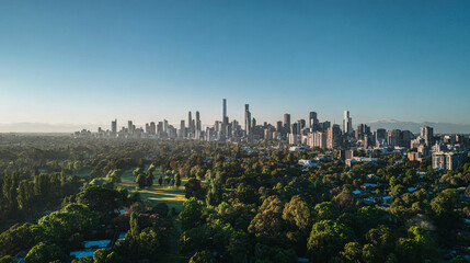 Fototapeta premium A photo of a city skyline with a clear blue sky and vibrant greenery in the foreground during a summer morning