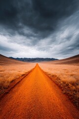 Fototapeta premium A long, winding dirt road stretches into a vast landscape under a dramatic sky.