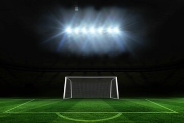 Football pitch and goal under spotlights