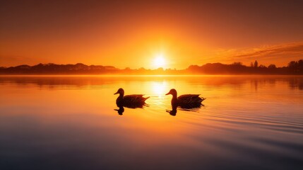 Ducks on a still lake at sunrise.