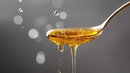 Golden syrup drips from a spoon, with water droplets in motion