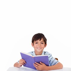 School-age boy is reading blue book at white table in flat design on white background