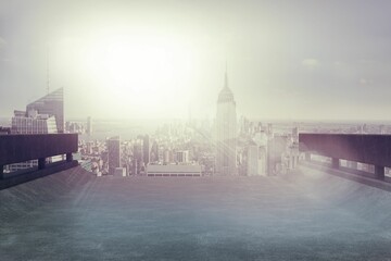 Flat design rooftop terrace is stretching to skyline, with spire-topped skyscraper shining in haze