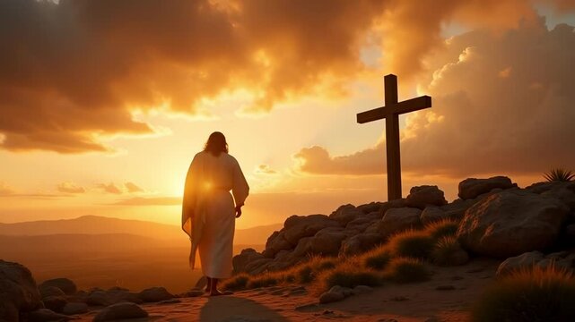Jesus Christ in a white robe walks towards a cross under a radiant sun a 4K video footage of religious faith