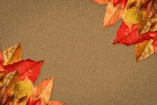 Fototapeta Clusters of autumn leaves are spreading across flat design textured brown paper surface corners