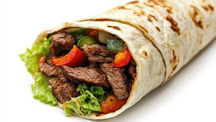 Close-up of a beef burrito.  A delicious-looking,  rolled-up flour tortilla filled with seasoned beef, colorful bell peppers, and fresh lettuce.  A tasty, well-prepared meal