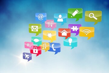 Colorful speech bubble icons are floating over blue gradient sky-like background in flat design