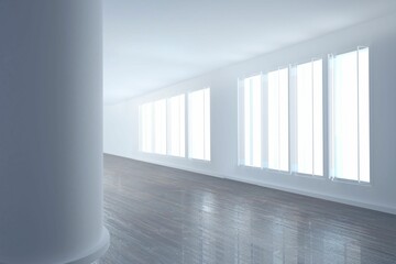 White cylindrical column is standing in flat design empty hall with tall windows and hardwood floor