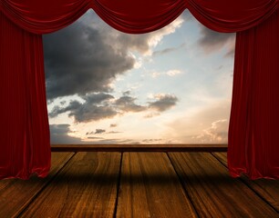 flat design illustration is showing red velvet curtains framing wooden stage floor and cloudy sky