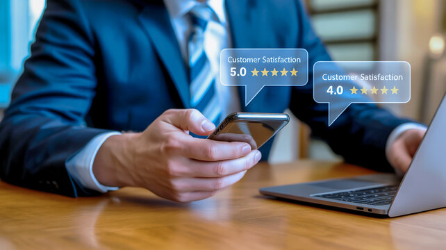 A businessperson holds a black smartphone over a wooden desk with a laptop and floating star rating graphics in view