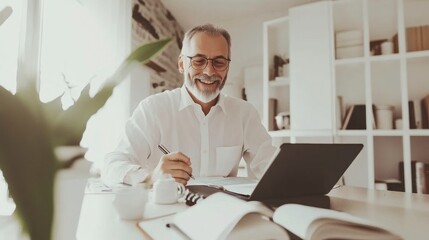 Happy Senior Man Working at Desk with Laptop and Notebooks