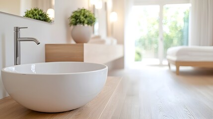 a white sink sitting on top of a wooden floor