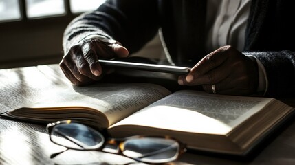 Person Reading Book and Using Tablet with Glasses on Table