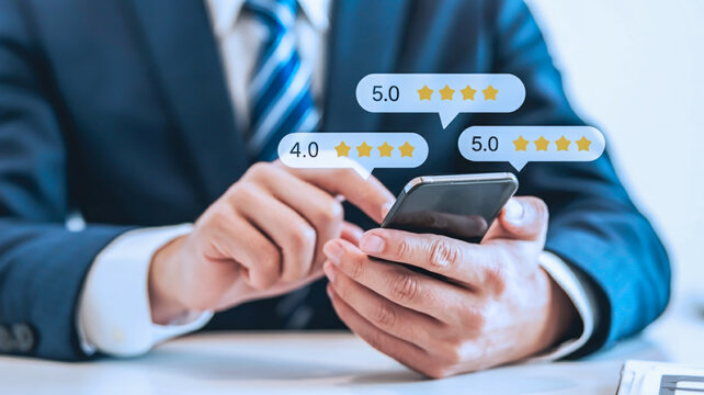 A businessperson in a navy suit uses a smartphone while digital star rating icons float above with a blurred background