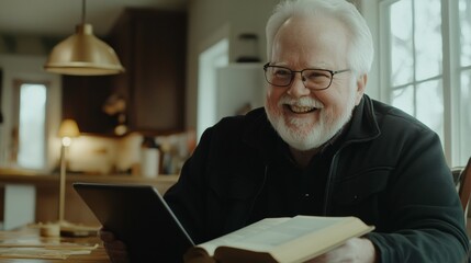 Senior Man Enjoying Reading a Book and eBook in Cozy Home Setting